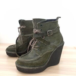 Pierre Hardy Womens Boots 38 7 Green Suede Lace Up Wedge Buckle Combat Steampunk